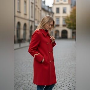 Vintage 1990’s Perry Ellis Portfolio Wool Pea Coat Red Double-Breasted Coat Gold